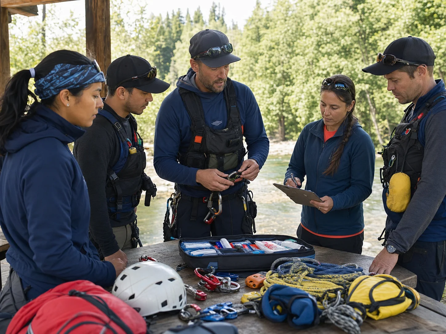 Equipe técnica revisando equipamentos de segurança em treinamento externo